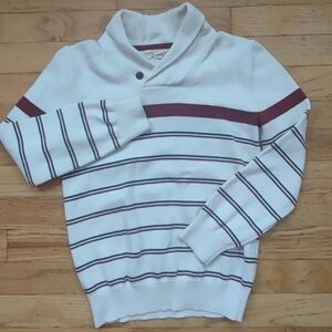 Hope & Henry Boys Sweater Size 8 White Burgundy Stripe Shawl Collar Org. Cotton